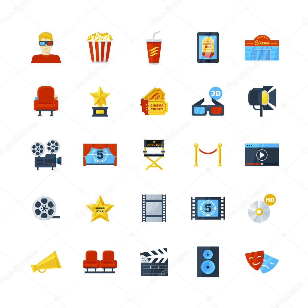 Vector illustration, set of cinema icons isolated on a white background.