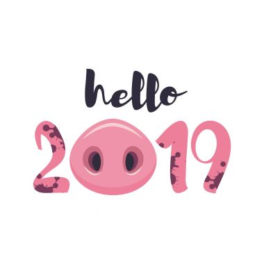Merhaba 2019 komik kartı tasarım karikatür domuzlarla vektör çizim, burun