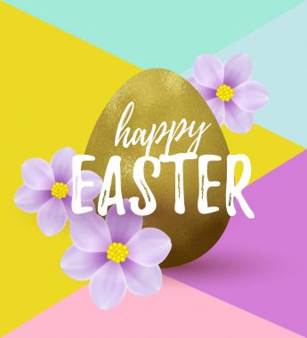 Vektör çizim, modern geometrik arka plan gerçekçi çiçekler ve yazı ile. Mutlu Paskalya kartı tasarım altın folyo yumurta ile.