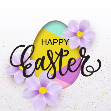 Vektör çizim, modern geometrik arka plan gerçekçi çiçekler ve yazı ile. Mutlu Paskalya kartı tasarım dekoratif yumurta ile.