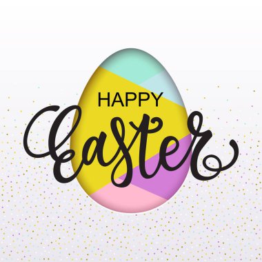 Vektör çizim, modern geometrik arka planda bir yumurta şekil ve yazı. Mutlu Paskalya kartı tasarım.