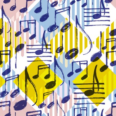 Vector seamless pattern with hand drawn music notes on a bright modern geometric background. clipart