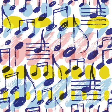 Vektör seamless modeli ile elle çizilmiş müzik notlar parlak sanatsal boya doodle arka plan üzerinde.