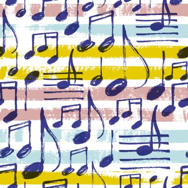 Vektör çizim, elle çizilmiş müzik notlar Boya çizgili parlak renkli arka plan üzerinde ile seamless modeli.
