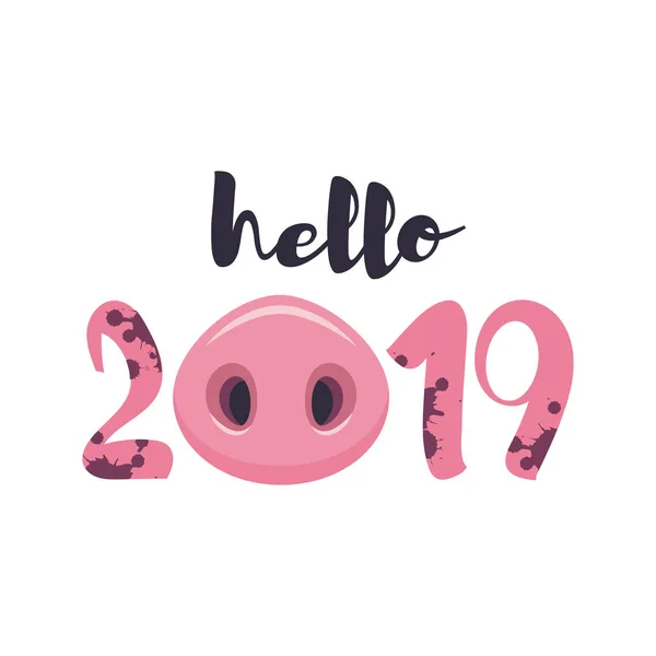 Merhaba 2019 komik kartı tasarım karikatür domuzlarla vektör çizim, burun