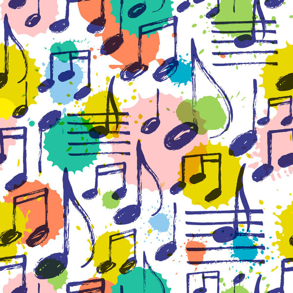 Vector illustration, seamless pattern with hand drawn music notes on a bright colorful background with ink drops.
