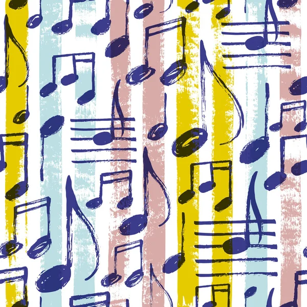 手描きペイント ストライプ明るいカラフルな背景の音符とのシームレスなパターンのベクトル図 — ストックベクタ