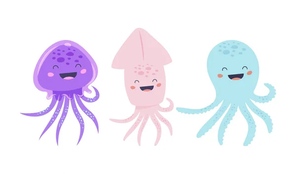 Vector Adorable Octopus Squid Jellyfish Characters Set — Stock Vector