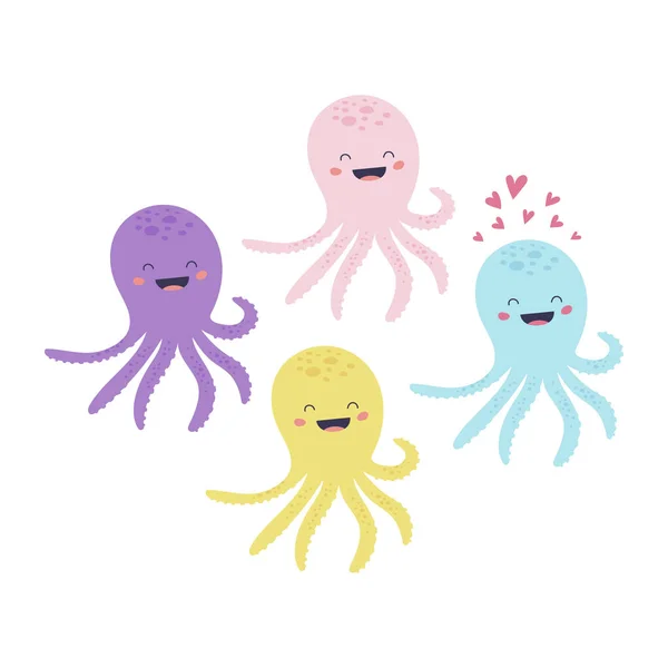 Vector Illustration Set Adorable Octopus Characters Different Colors — Stock Vector