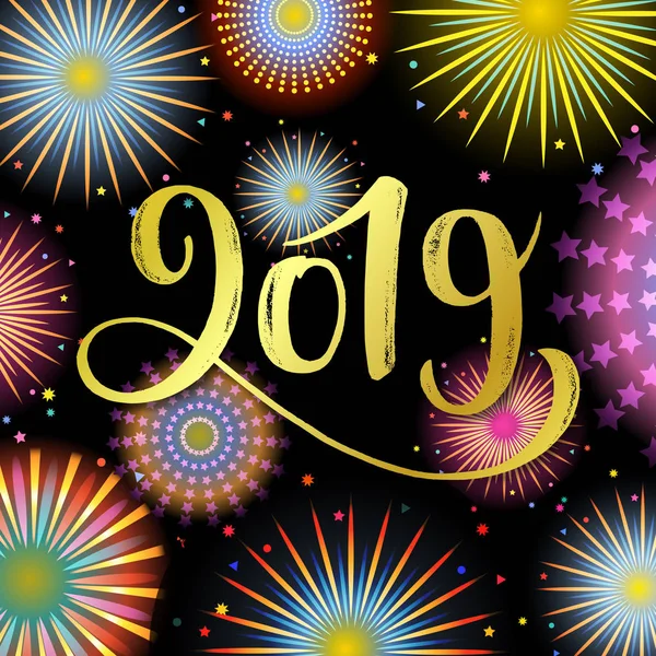 Vektör çizim, havai fişek ile parlak Festival arka plan ve 2019 yazı. Yeni yıl kartı tasarım.