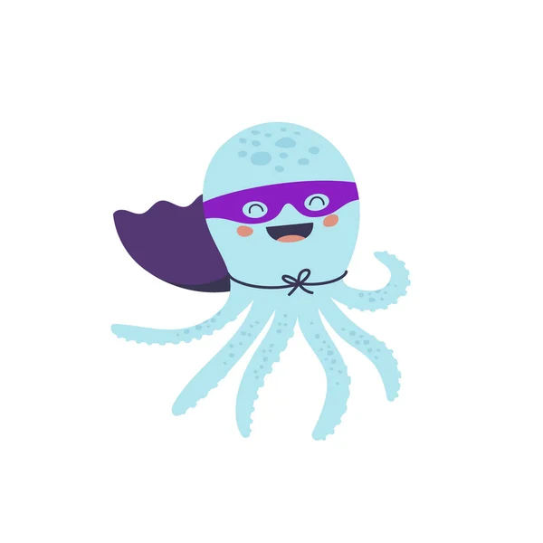 Vector Adorable Octopus Superhero Character — Stock Vector