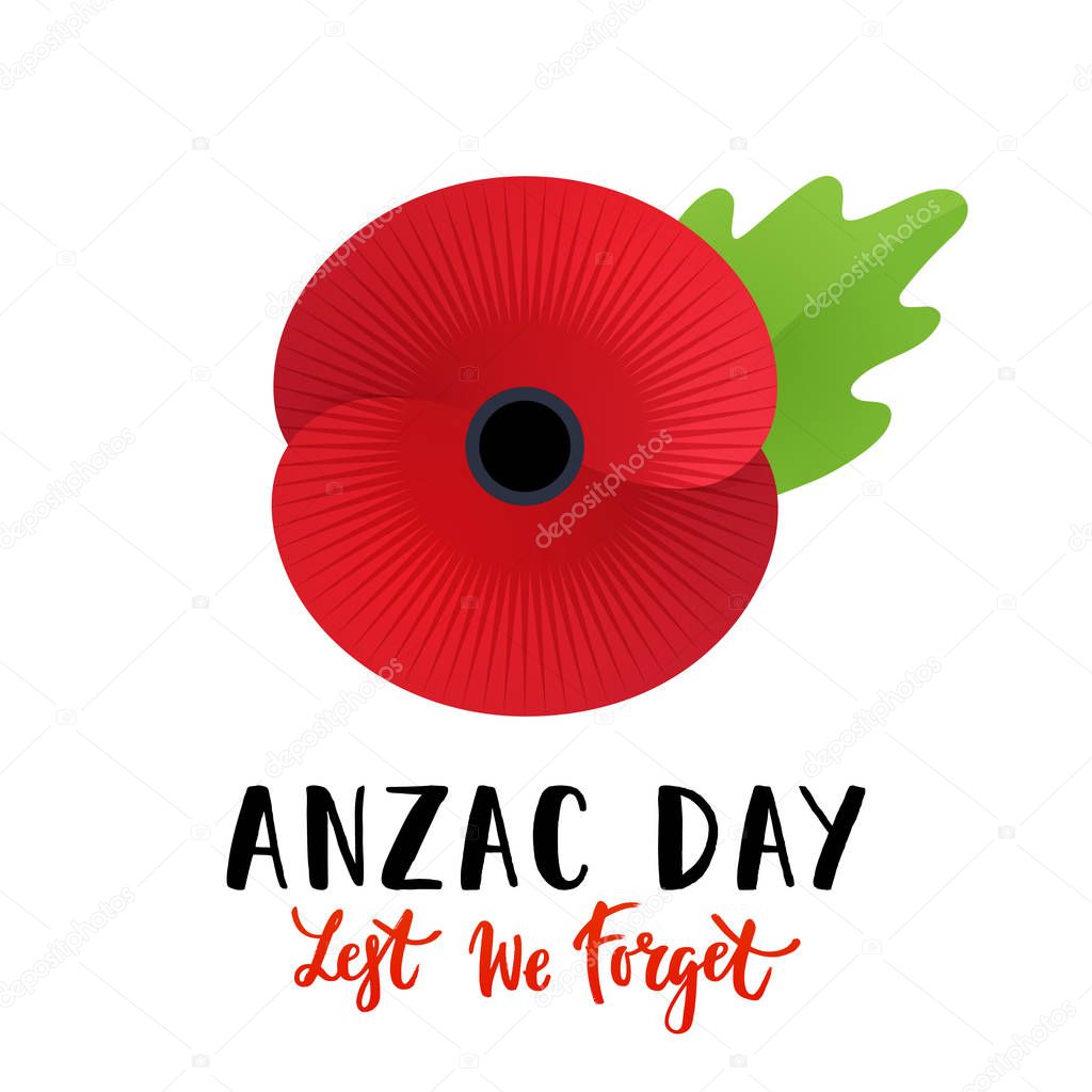 Vector illustration of a bright poppy flower. Remembrance day symbol. Lest we forget lettering. Anzac day lettering.