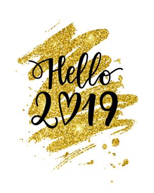 ve yazılı Merhaba 2019 ifade. Yeni yıl kartı. Tatil poster şablonu altın boya doku ile.