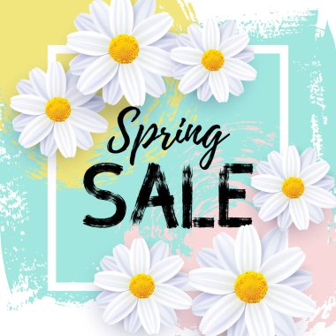 İllüstrasyon vektör, gerçekçi çiçekler ile çizilmiş arka plan el. Bahar satışı büyük başlığı.