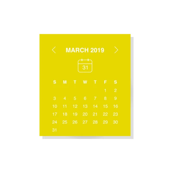 Wektor Ilustracja Projekt Miesiąca Marca Kalendarzu Rok 2019 Żółtym Tle — Wektor stockowy
