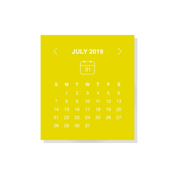 Wektor Ilustracja Projekt Miesiąca Lipca Kalendarzu Rok 2019 Żółtym Tle — Wektor stockowy