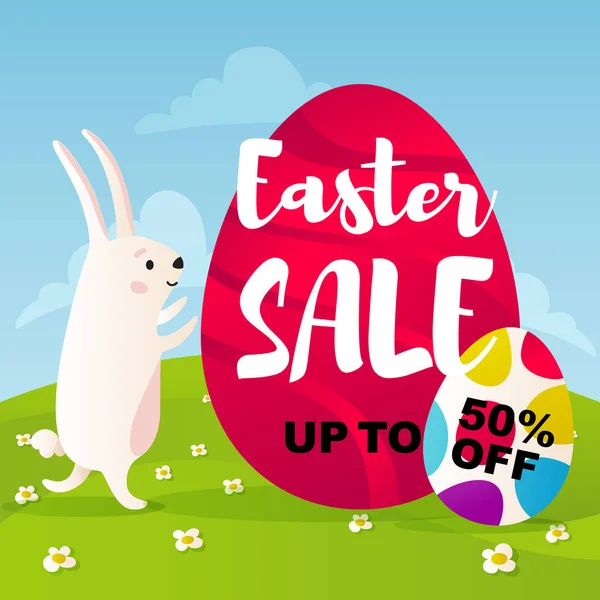 Vector Illustration Easter Sale Banner Cute Easter Bunny — Stock Vector