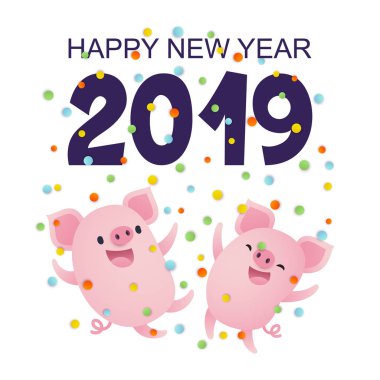 Mutlu yeni yıl 2019 kartıyla sevimli çizgi domuz, yazı ve beyaz arka plan üzerinde izole konfeti