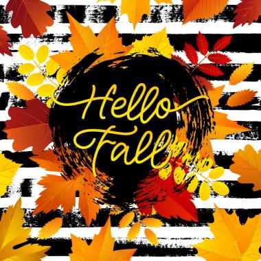 Sonbahar parlak yaprakları bir yandan çizgili arka plan Merhaba vektör çizim yazı sonbahar ile çizilmiş..