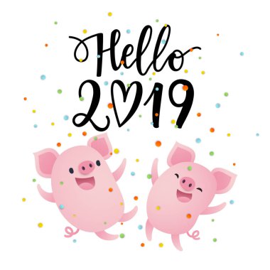 Vektör çizim, sevimli çizgi domuzlar ve konfeti ile Merhaba 2019 kartı.