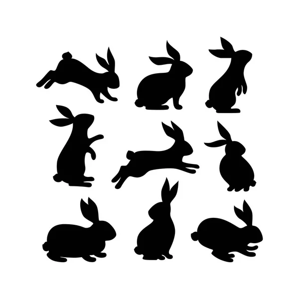 Набор Пасхальных Кроликов Силуэт Различных Формах Действиях Изолированы Белом Фоне — стоковый вектор