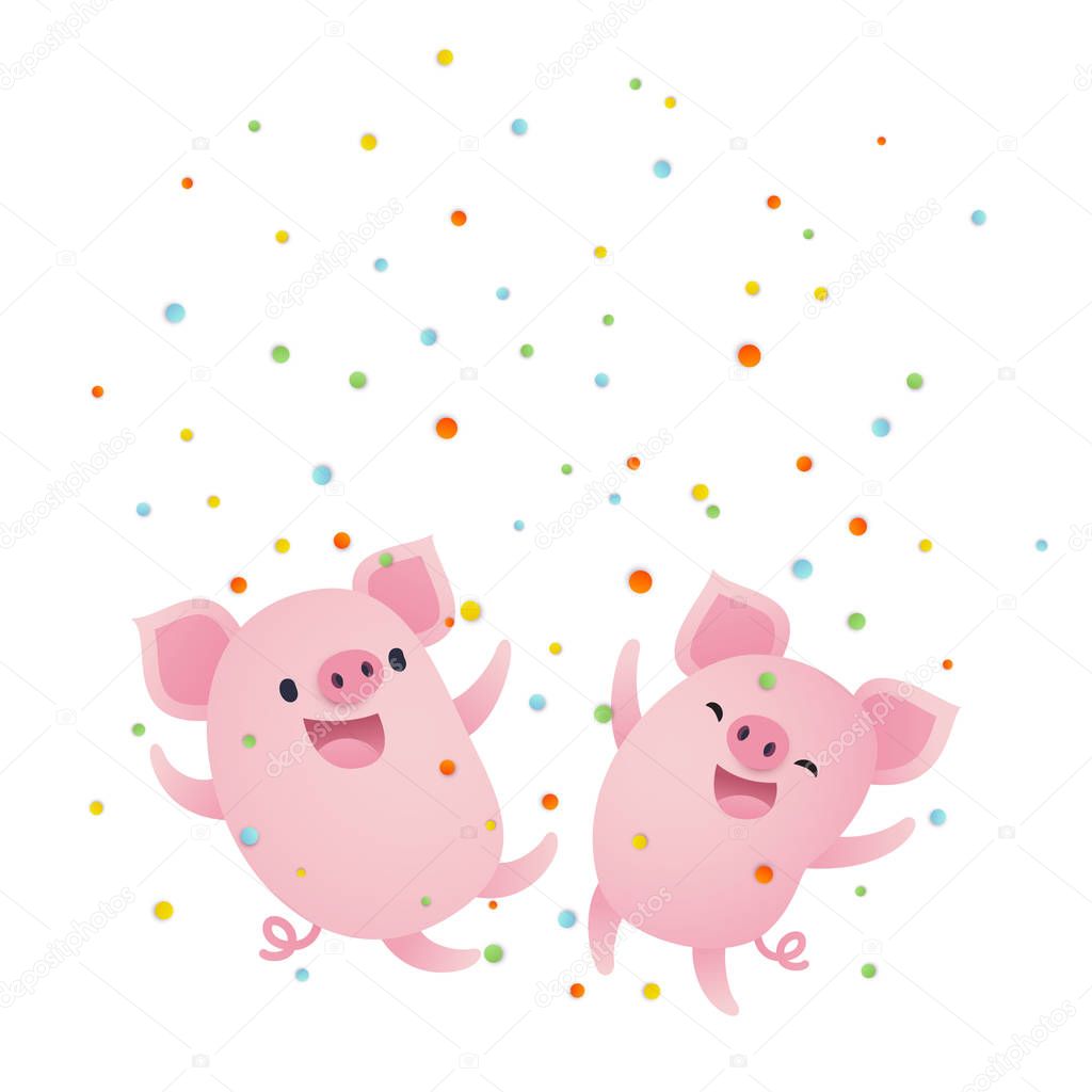 Vector illustration, cute cartoon pigs and confetti background.