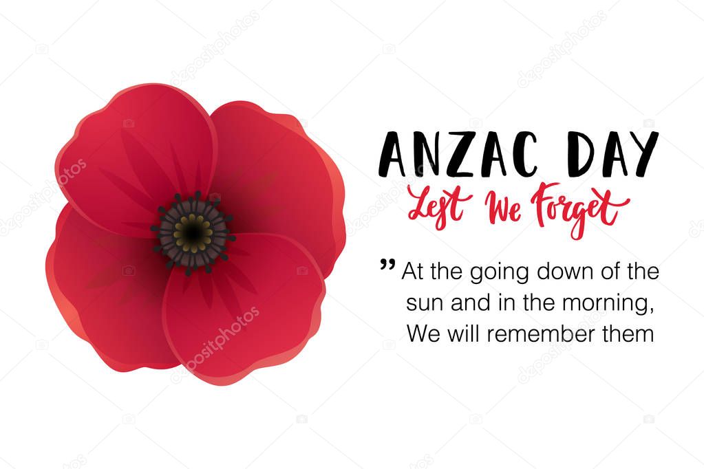 Vector illustration of a bright poppy flower. Remembrance day symbol. Lest we forget lettering. Anzac day banner design with space for text.