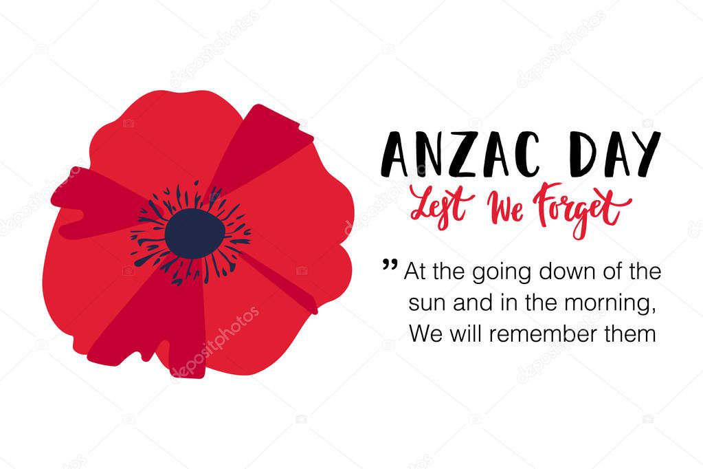 Vector illustration of a bright poppy flower. Remembrance day symbol. Lest we forget lettering. Anzac day banner design with space for text.