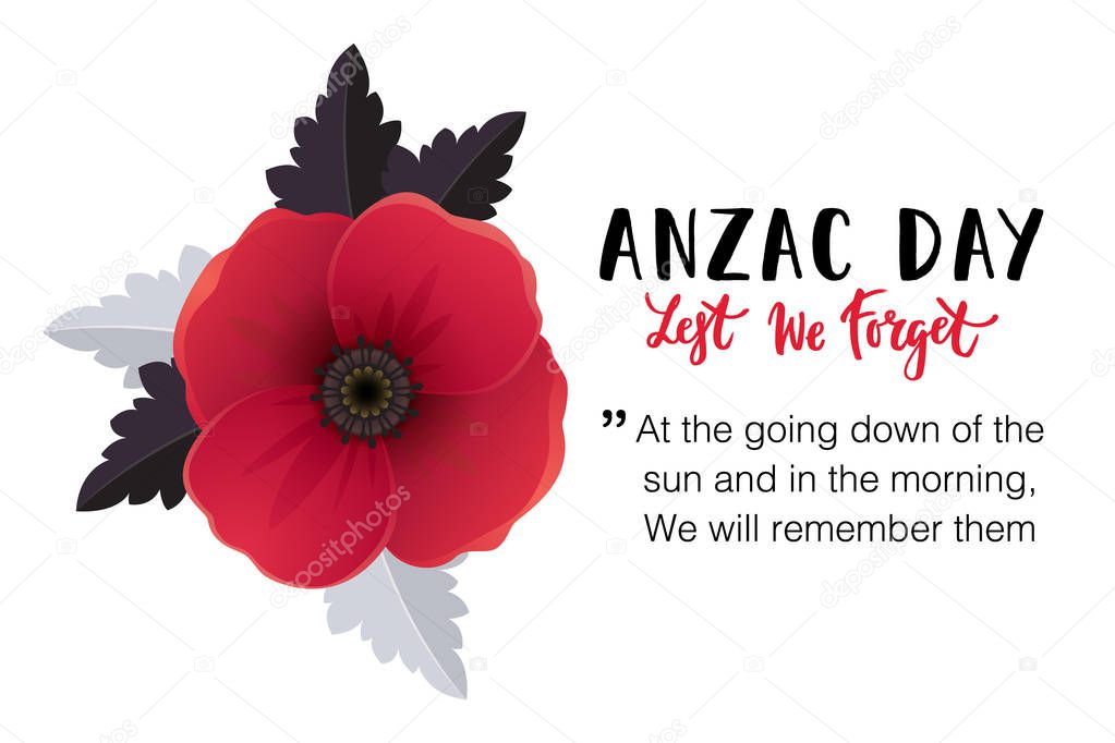 Vector illustration of a bright poppy flower. Remembrance day symbol. Lest we forget lettering. Anzac day banner design with space for text.