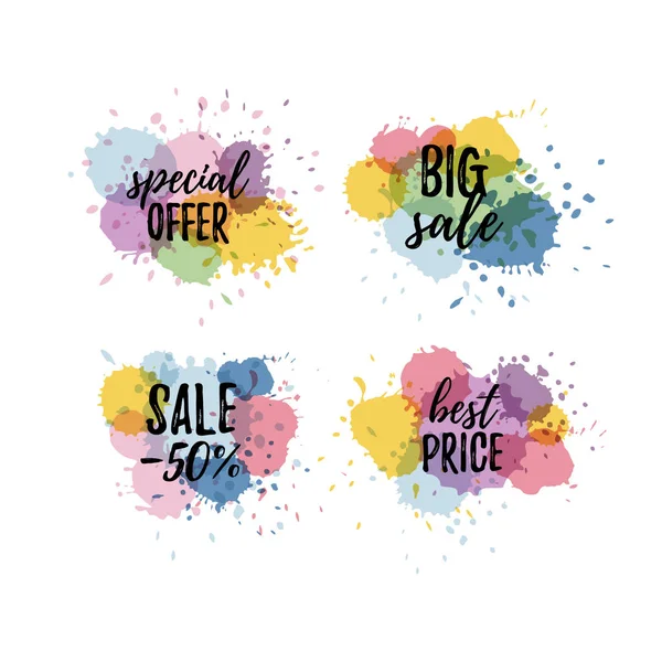 Set Sale Tags Colorful Paint Drops Background — Stock Vector