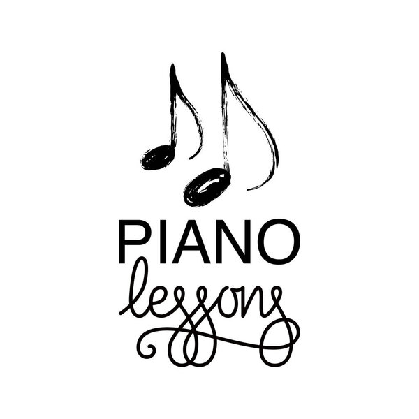 Piano lessons logo. Hand drawn music note, vector illustration