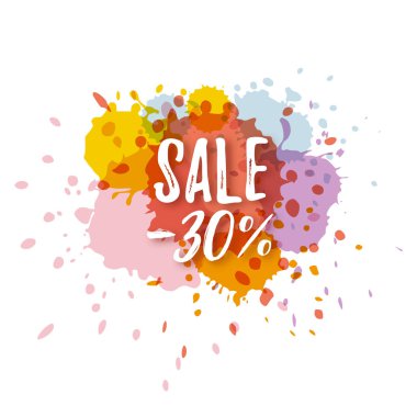 Boya ile satış etiketi çizilmiş vektör çizim arka plan damla. Satılık -30% metin.