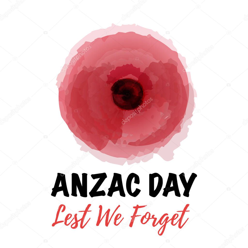 Vector illustration of a bright poppy flower. Remembrance day symbol. Lest we forget lettering. Anzac day lettering.
