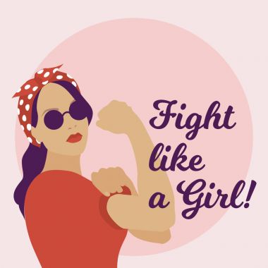 Vektör çizim güçlü genç kadınla. Bir kız mesaj gibi mücadele.
