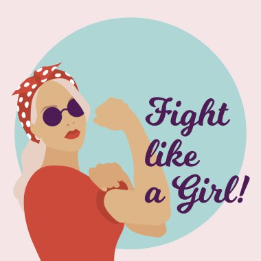 Vektör çizim güçlü genç kadınla. Bir kız mesaj gibi mücadele.