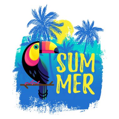 Elle çizilmiş parlak tropik kuş Toucan renkli arka plan üzerinde vektör Illustration. Metin yaz ile tropikal doğa renkli simge 
