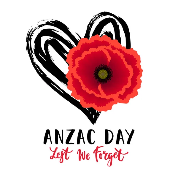 stock vector Vector illustration of a bright realistic poppy flower. Remembrance day symbol. Lest we forget lettering. Anzac day lettering.