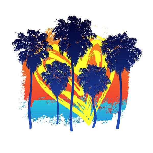 Bir el vektör çizim palmiye ağaçları bir boya arka plan üzerinde çizilmiş. Tasarım öğesi t-shirt için yazdırır. Tropikal doğa eleman