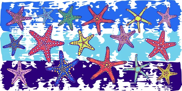 Векторная Иллюстрация Горизонтальный Дизайн Красочными Декоративными Морскими Звездами Нарисованными Вручную — стоковый вектор
