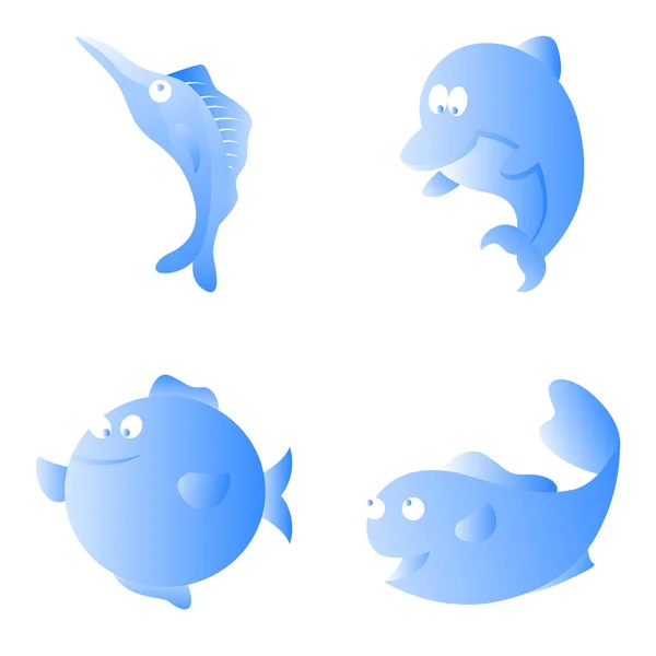 Рыбные Дельфины Барракуда Рыба Фугу Симпатичный Анимальный Дизайн — стоковый вектор