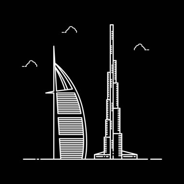 Burç El-Arap ve Halife Kulesi. Dubai Landmark Binası. Satır Simgesi Vektör Tasarımı
