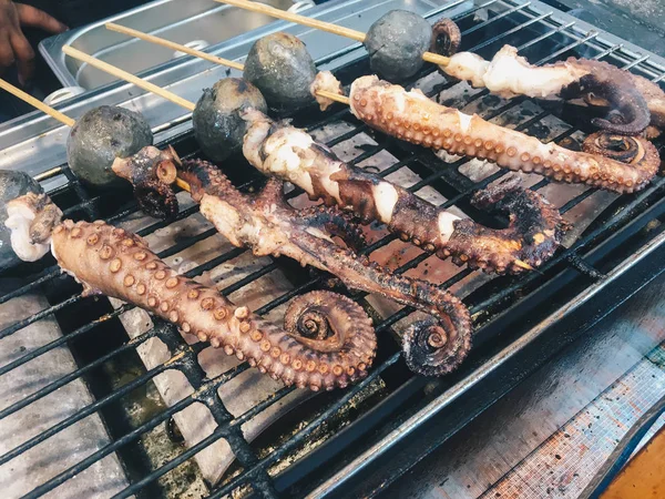 Wooden Skewers Pieces Octopus Barbecue — Stock Photo, Image