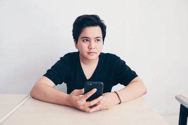 Young Asian Woman Phone Posing Studio — Stock Photo, Image