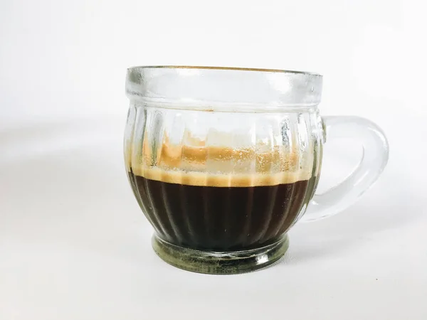 Fresh Prepared Hot Coffee Served Glass Mug — Stock Photo, Image