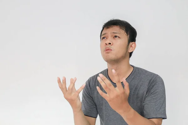 Funny Asian Man Grey Shirt Gesturing Studio — Stok Foto