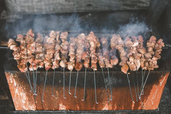 Smoked Barbecue Meat Skewers Grilling Brazier — Stock Photo, Image