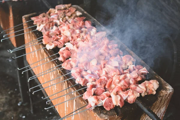 Smoked Barbecue Meat Skewers Grilling Brazier — 스톡 사진