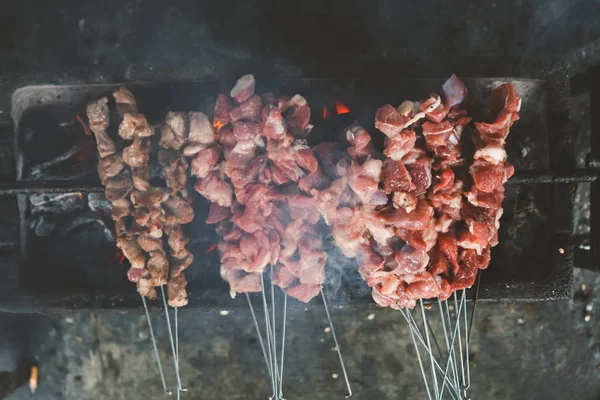 Smoked Barbecue Meat Skewers Grilling Brazier — 스톡 사진