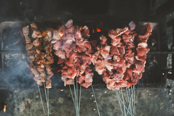 Carne Churrasco Fumada Espetos Grelhando Braseiro — Fotografia de Stock