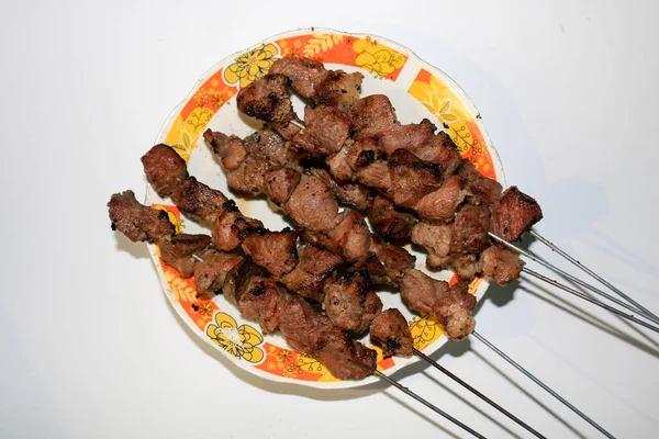 Appetizing Plate Barbecue Meat Skewers — Stockfoto